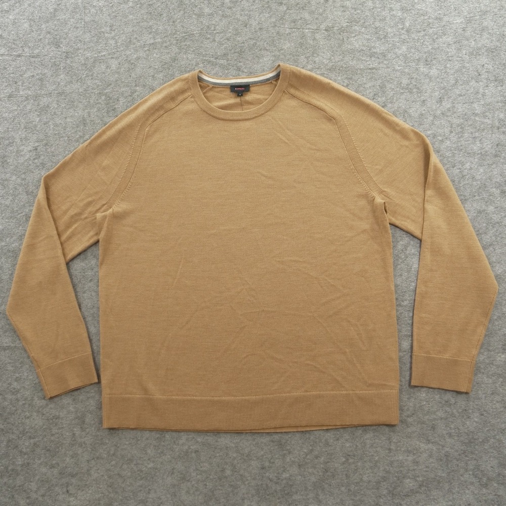Express Sweater Mens Extra Large Beige Merino Wool Crew Neck Knit Pullover New